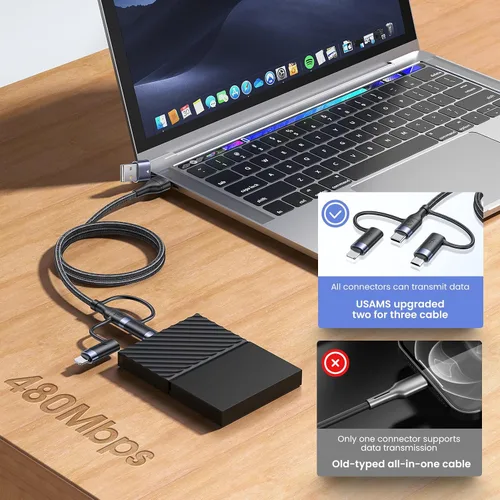 Vista 5 de PD 60W USB C Cable de carga rápida multifuncional trenzado de nailon 5-en-1 3A USB/C a Type C/Micro/Teléfono Adaptador de sincronización rápida