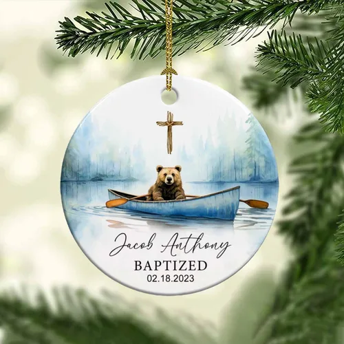 Vista 5 de Adorno de cerámica de bautizo bautizado con oso, recuerdo de bautizo personalizado de animales, adorno de bautismo personalizado de Dios bendiga