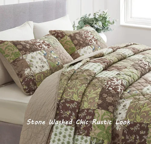 Vista 4 de Chezmoi Collection Leilani - Juego de edredón de algodón lavado bohemio de 3 piezas, tamaño Queen, ropa de cama acolchada bohemia marrón, gris topo
