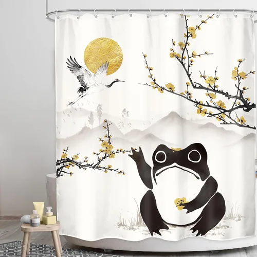 Vista 21 de Juego Divertido de Cortina de Rana Retro para Ducha, Juego de Baño 48x71 Pulgadas, Estilo Asiático Lindo, Arte Japonés Tradicional de Pato de Goma