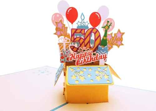 Vista 2 de iGifts And Cards Tarjeta de felicitación desplegable 3D con caja de fiesta de cumpleaños número 50 color azul – Cincuenta, impresionante, globos