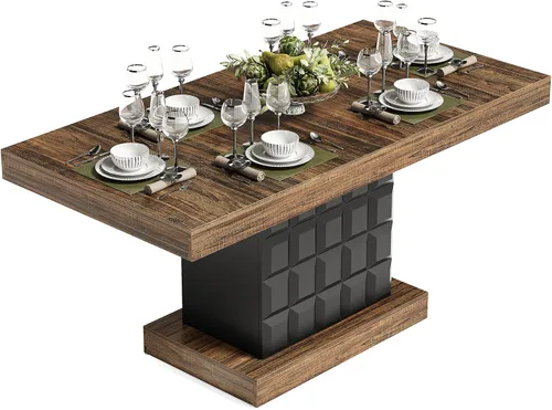 Vista 9 de LITTLE TREE Mesa de comedor moderna de 63 pulgadas, mesa rectangular para 4-6, mesa de cocina de granja, base de pedestal de madera resistente