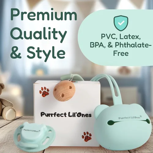 Vista 5 de Purrfect Lil'Ones Chupete de silicona con accesorios Clip y estuche No tóxico, seguro para bebés de dentición Mantenlo limpio Ligero, agarre