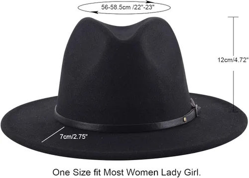 Vista 2 de Lanzom - Sombrero clásico de ala ancha flexible para mujer estilo Panamá cinturón con hebilla fedora de lana