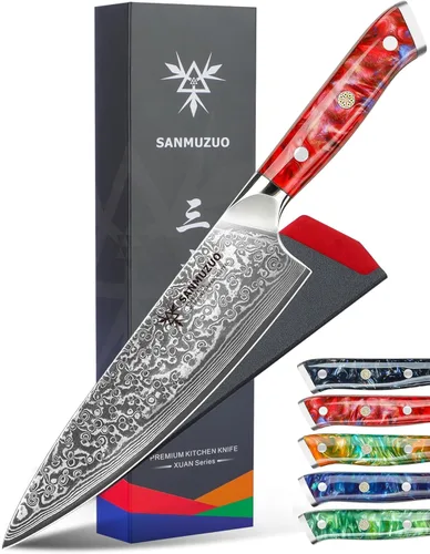 Vista 9 de Cuchillo de chef de 8 pulgadas, serie Xuan, VG10, cuchillo de cocina de acero Damasco, mango de resina (naranja fantasía)