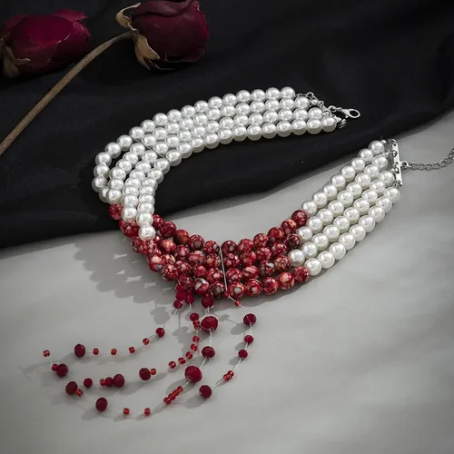 Vista 4 de Collar de perlas de sangre para mujer, collar de sangre para disfraz de vampiro, joyería de goteo, gargantilla de perlas, disfraz de fiesta