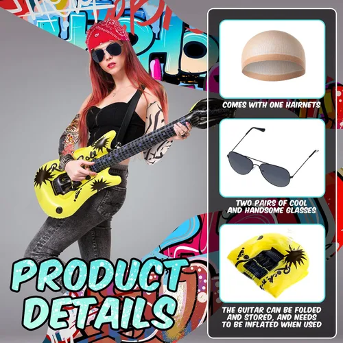 Vista 3 de Yingzhao 2 juegos de 9 piezas de disfraces Rocker de los años 80 para hombres, incluye peluca mecedora inflable para guitarra, manga de tatuaje