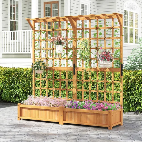 Vista 15 de HAPPYGRILL Cama de jardín elevada de 72.5 pulgadas con enrejado y jardinera