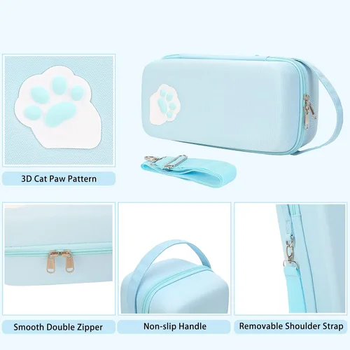 Vista 4 de Blue Cat Paw Carrying Storage Case Compatible with Nintendo SwitchSwitch OLED Model, Portable Travel Hard Shell Bag with Handle and Shoulder Strap