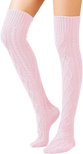 Vista 36 de SherryDC Calcetines de punto trenzado hasta el muslo para mujer, medias de bota extra largas de invierno, calentadores de piernas 1 - Blanco