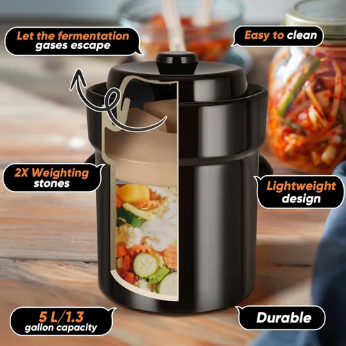 Vista 2 de Fermentation Crock 2 Liter / 0.5 Gallon, Sauerkraut Crock with Lid, Weights & Pounder - Ceramic Fermenting Crock Kit for Pickling Cabbage Kimchi