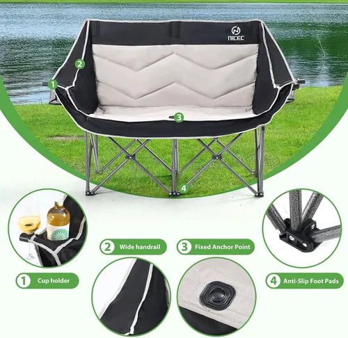 Vista 4 de Nice C Silla de camping biplaza, silla de campamento doble, sofá de campamento al aire libre, banco plegable de gran tamaño, silla plegable