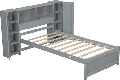 Vista 5 de Cama de plataforma de tamaño individual con cabecera de almacenamiento y taquillas, cabecera de almacenamiento multifuncional con 3 estantes Gris-t