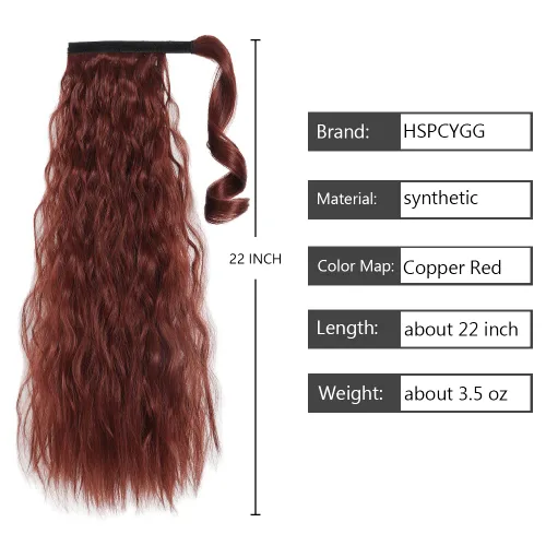 Vista 3 de Extensiones de cola de caballo caoba, cola de caballo rizada con clip, 22 pulgadas, 3.5 onzas, extensión de cabello sintético negro, extensión