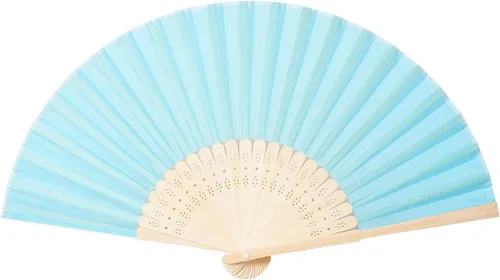 Vista 5 de Sepwedd 50pcs azul imitación seda tela bambú plegable mano ventilador novia baile accesorios iglesia boda fiesta favores con bolsas de organza