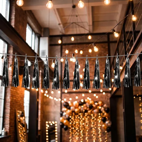 Vista 5 de 4P Guirnalda de Borla de Flecos de Aluminio Metálico Negro para Flotas de Desfile, Despedida de Soltera, Boda, Cumpleaños, Halloween, Navidad