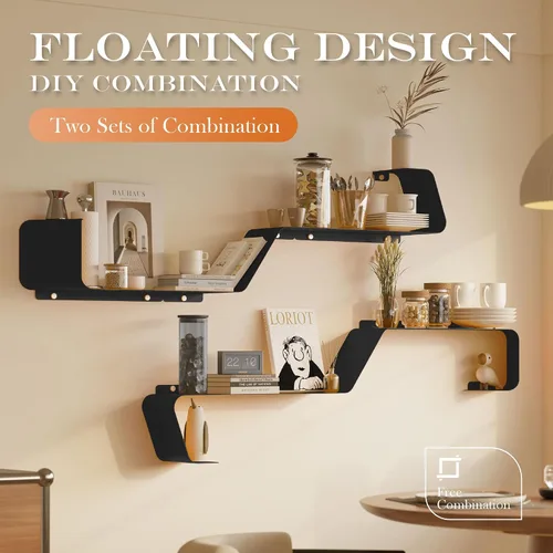Vista 8 de Sttoraboks Estantes flotantes, juego de 3 estantes de metal montados en la pared con diseño único para almacenamiento en la pared, estante