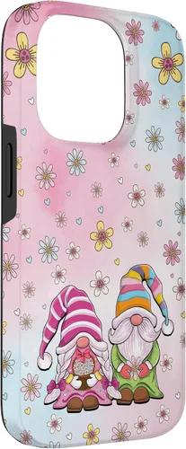 Vista 3 de Funda para iPhone 14 Pro Hello Spring con diseño de gnomos florales de margaritas y flores de Pascua