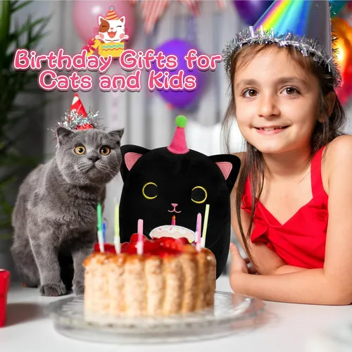 Vista 4 de Peluche de gato negro de 8 pulgadas con pastel, lindo regalo de cumpleaños negro para niñas, niños y gatos, decoración de la habitación del hogar