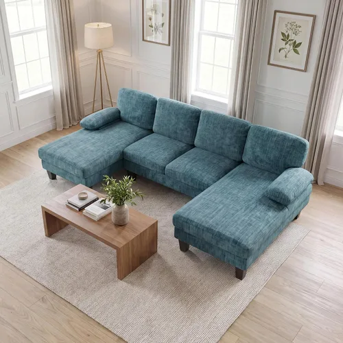 Vista 14 de JUMMICO Sofás Seccionales para Sala de Estar, Sofá en Forma de U con Tela de Chenilla, Sofá Moderno de 4 Asientos con Almohadas Removibles