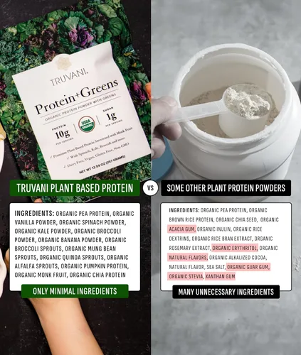 Vista 5 de Truvani Proteína + Suplemento de Verduras Espinaca, Col Rizada y Brócoli 10g de Proteína Orgánica a Base de Plantas 20 Porciones USDA