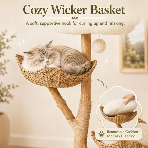 Vista 5 de Erinnyees Árbol para gatos de madera natural de 44.5 pulgadas con 2 camas