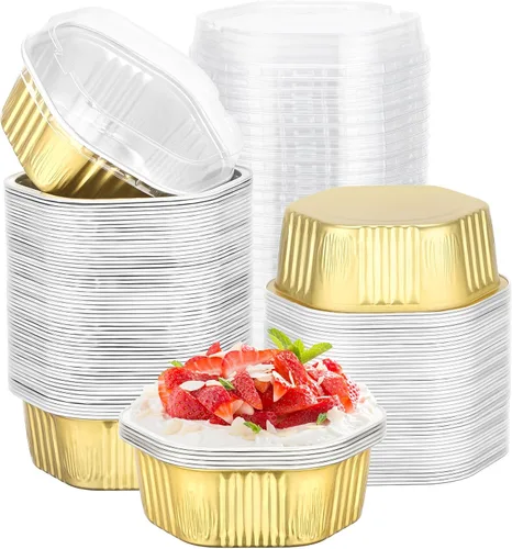 Vista 25 de Beasea Tazas desechables para hornear con tapas, juego de 50 unidades, 13.5 oz 400 ml, ramekins de aluminio con tapa de papel de aluminio, moldes