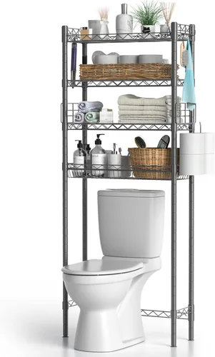 Vista 11 de Hodonas Estante de almacenamiento sobre el inodoro, organizador de baño ajustable con soporte para papel higiénico y 8 ganchos, 3 niveles de metal