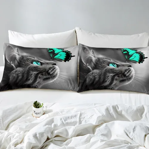 Vista 3 de Linda sábana bajera ajustable de gato tamaño individual, juegos de ropa de cama de mariposa azul y verde para niños, sábanas estéticas de gatos