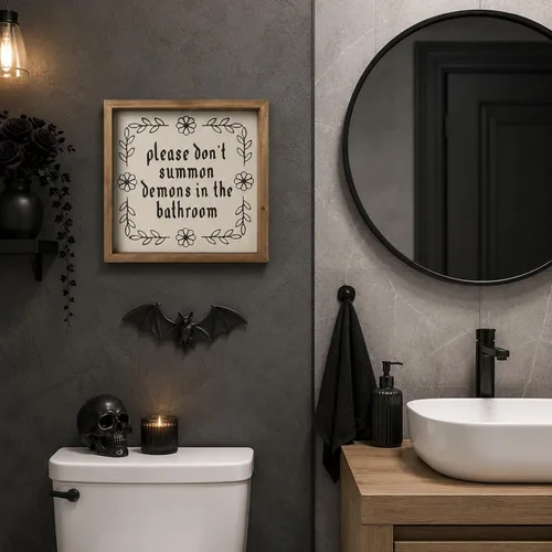 Vista 5 de flangairy Letrero de madera de 11.8 pulgadas con texto en inglés «Please Don't Summon Demons In The Bath», decoración de pared de baño de madera