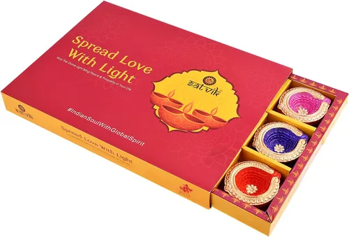 Vista 8 de SATVIK - 12 piezas de arcilla multicolor Diya con calcomanías Laxmi Charan de terracota de diámetro tradicional Puja Vilakku lámpara de aceite