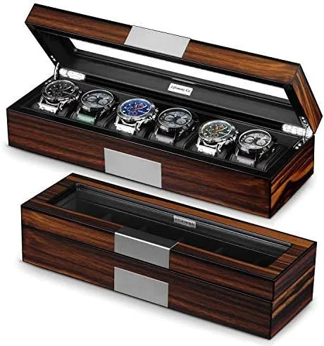Vista 3 de Caja de 6 relojes Organizador de reloj para hombre Caja de almacenamiento de reloj grande Caja de almacenamiento de madera 6 relojes vitrina