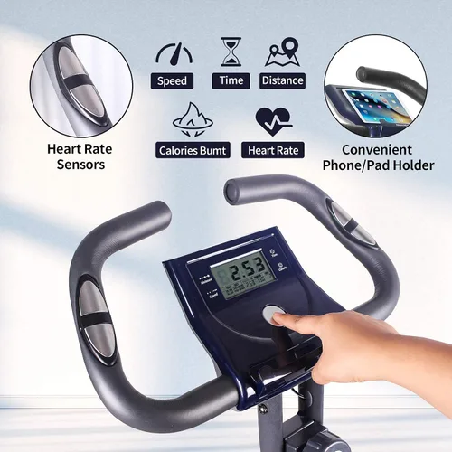 Vista 6 de leikefitness LEIKE X Bicicleta plegable ultra silenciosa, bicicleta vertical magnética con monitor de frecuencia cardíaca, monitor LCD y fácil