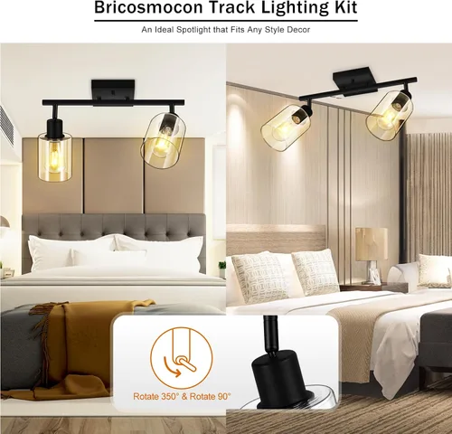 Vista 2 de Accesorios de iluminación de riel de techo para cocina, luces de pared negras de 2 luces, iluminación LED moderna con pantalla de vidrio, cabezal
