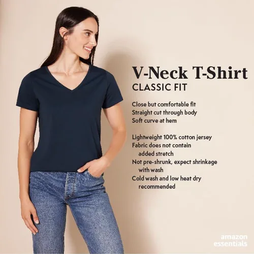 Vista 2 de Amazon Essentials - Camiseta de manga corta con cuello en V para mujer, ajuste clásico, 100 % algodón, paquete de 2