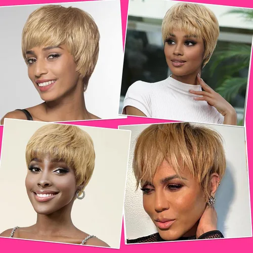 Vista 7 de Pelucas Honey Blonde sin pegamento para usar y quitar, pelucas de cabello humano cortas con corte Pixie para mujeres, peluca de cabello humano corta