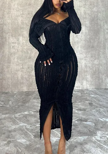 Vista 2 de Tcremisa Women's Elegant Off Shoulder Dress Sexy Long Sleeve Button Down Ruffle Mesh Bodycon Long Dresses