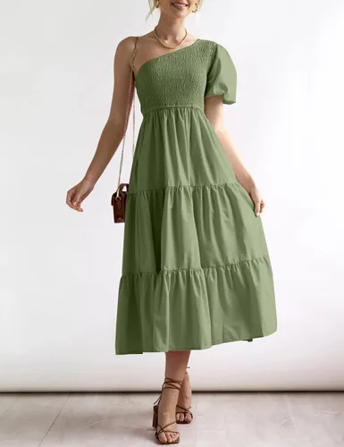 Vista 7 de Chriselda Vestido casual de manga corta con un hombro fruncido para mujer, cintura alta, con volantes, vestido midi para fiesta