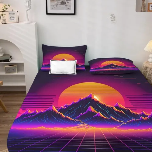 Vista 3 de Vaporwave Sheets - Juego de sábanas de tamaño individual, sábanas de cama de montaña neón y puesta de sol, microfibra suave con bolsillo profundo