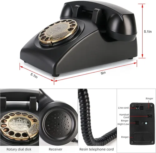Vista 4 de Teléfono retro rotativo, antiguo teléfono fijo con cable antiguo de los años 50, teléfono de pared clásico de escritorio para decoración de oficina