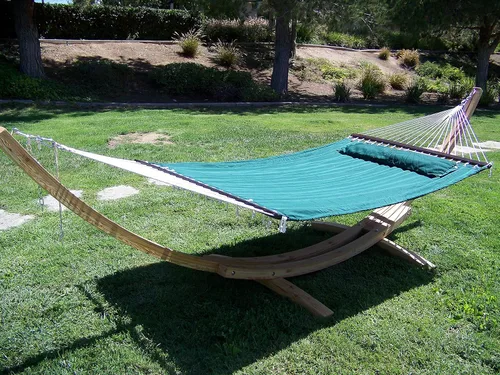 Vista 6 de Hamaca de arco de madera tratada con agua de 14 pies + cama hamaca acolchada de primera calidad, cama doble acolchada. Cama para 2 personas. Beige