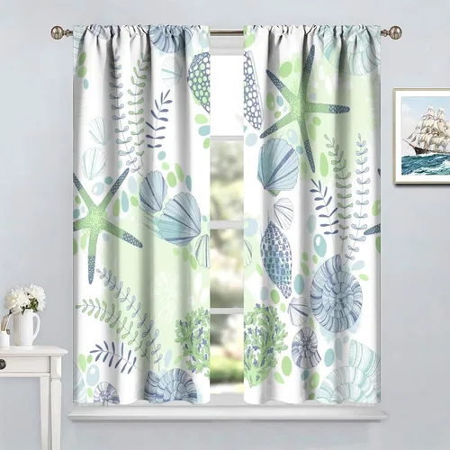 Vista 4 de Cortinas de decoración de playa con océano azul, peces náuticos costeros playeros de verano, conchas marinas, temática infantil, dormitorio, sala