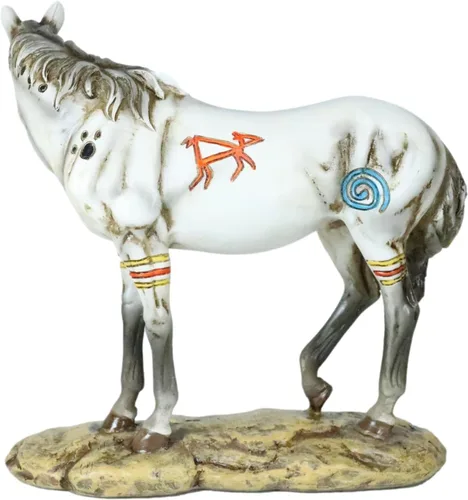 Vista 7 de Ebros Ebros Ecuestre Tribal Belleza Medicina Espíritu Caballo Hecho a Mano Estatua de 8 pulgadas de alto, símbolos indios nativos americanos, plumas
