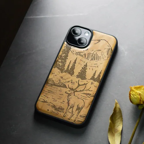 Vista 4 de Carveit Funda magnética de madera para iPhone 15, compatible con cargadores inalámbricos MagSafe, funda negra de TPU suave a prueba de golpes