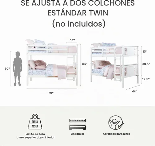 Vista 2 de Dorel Living Dylan - cama litera, individual, Madera, Blanco Espresso
