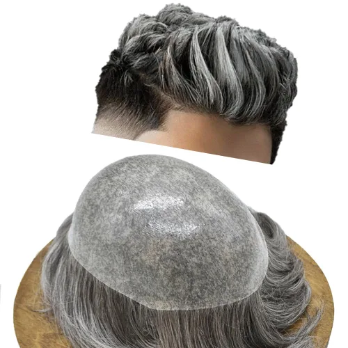 Vista 15 de PU Toupee para hombres pieza de pelo real sistema de reemplazo de cabello humano para hombres Toupee pieza de pelo para hombres piel polivinílica