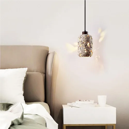 Vista 2 de Mid Century Vintage Pendant Lights Modern Industrial Yellow Travertine Chandelier Natural Hollowout Cylinder Hanging Lamp for Foyer Staircase Hallway