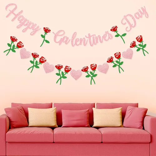Vista 4 de Cartel de Feliz Día de Galentine – Decoración del Día de Galentine con purpurina rosa, pancarta de guirnalda de corazón rosa para damas, niñas