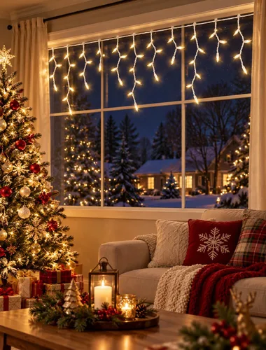 Vista 9 de 200 luces de carámbanos de Navidad, blanco cálido, cable blanco de 23 pies de largo