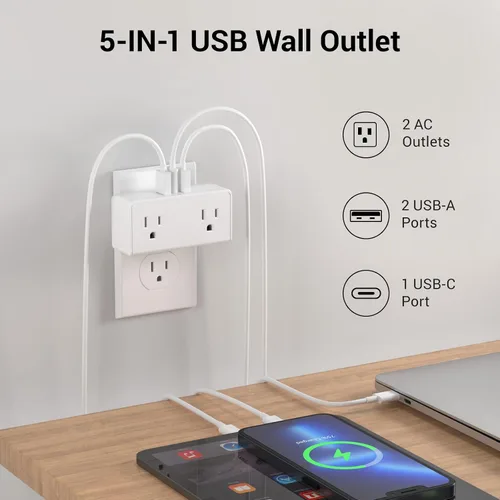 Vista 3 de Paquete de 2 unidades (toma de pared y regleta de alimentación) con cable de alimentación de 6 pies, concentrador de carga compacto con cargadores